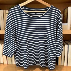 J. Crew Blue White Striped 3/4 Sleeve Boxy Tee 100% Cotton Natural Fibers Medium